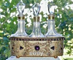 Antique E & J B Empire Art Gold Trio Glass Perfume Bottles Jeweled Brass Holder