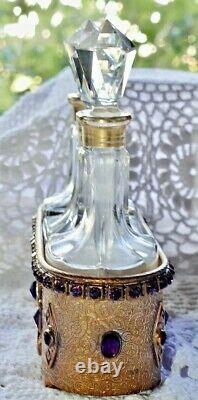 Antique E & J B Empire Art Gold Trio Glass Perfume Bottles Jeweled Brass Holder