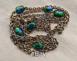 Antique Edwardian Art Noveau Peacock Eye Glass Long Necklace 1900s Art Glass