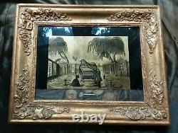 Antique Eglomise Painting Mourning Memento Mori Child Grave Tomb Key Hair Angel