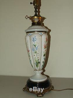 Antique Elegant Victorian Bohemian Art Glass Hand Painted Floral Table Lamp