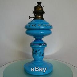 Antique Enamel Blue Opaline Milk Glass Victorian Oil Lamp Hand Blown Art Glass