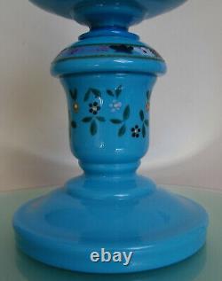 Antique Enamel Blue Opaline Milk Glass Victorian Oil Lamp Hand Blown Art Glass