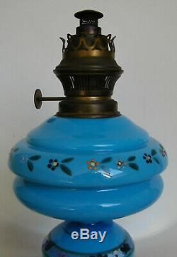 Antique Enamel Blue Opaline Milk Glass Victorian Oil Lamp Hand Blown Art Glass