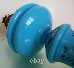 Antique Enamel Blue Opaline Milk Glass Victorian Oil Lamp Hand Blown Art Glass