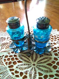 Antique Enameled Art Glass Salt & Pepper Shaker Set Meriden Silverplate Holder