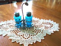 Antique Enameled Art Glass Salt & Pepper Shaker Set Meriden Silverplate Holder