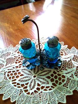 Antique Enameled Art Glass Salt & Pepper Shaker Set Meriden Silverplate Holder