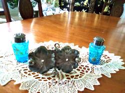 Antique Enameled Art Glass Salt & Pepper Shaker Set Meriden Silverplate Holder