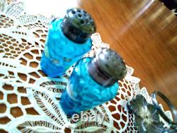 Antique Enameled Art Glass Salt & Pepper Shaker Set Meriden Silverplate Holder