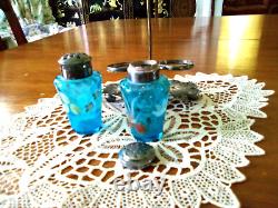 Antique Enameled Art Glass Salt & Pepper Shaker Set Meriden Silverplate Holder