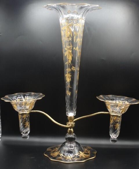 Antique English Crystal Hand Painted Gold Chestnut Leaves Art Glass Epergne Vase