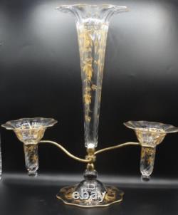 Antique English Crystal Hand Painted Gold Chestnut Leaves Art Glass Epergne Vase Antique English Crystal Hand Painted Gold Chestnut Leaves Art Glass Epergne Vase