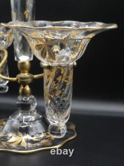 Antique English Crystal Hand Painted Gold Chestnut Leaves Art Glass Epergne Vase Antique English Crystal Hand Painted Gold Chestnut Leaves Art Glass Epergne Vase