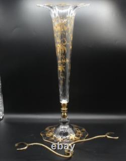 Antique English Crystal Hand Painted Gold Chestnut Leaves Art Glass Epergne Vase Antique English Crystal Hand Painted Gold Chestnut Leaves Art Glass Epergne Vase