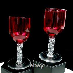 Antique English Victorian Cranberry Clear Stem 2pc 5 3/8 Wine Glasses 1838