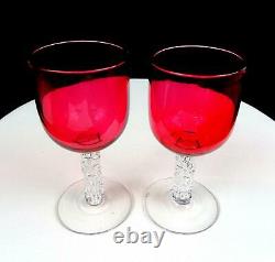 Antique English Victorian Cranberry Clear Stem 2pc 5 3/8 Wine Glasses 1838