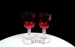 Antique English Victorian Cranberry Clear Stem 2pc 5 3/8 Wine Glasses 1838