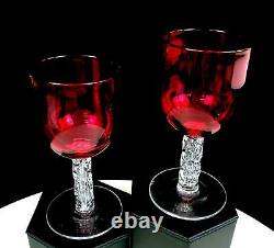Antique English Victorian Cranberry Clear Stem 2pc 5 3/8 Wine Glasses 1838