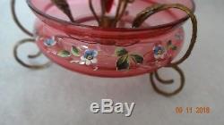 Antique Epergne Victorian Cranberry Enameled Art Glass Gold Dore Stand