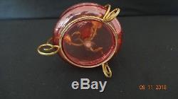 Antique Epergne Victorian Cranberry Enameled Art Glass Gold Dore Stand