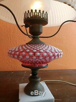 Antique Fenton Art Glass White Pink Hobnail Victorian Table Lamp
