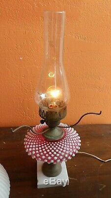 Antique Fenton Art Glass White Pink Hobnail Victorian Table Lamp