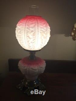 Antique Fenton Art Glass White Red Victorian Gone with the Wind Table Lamp