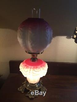 Antique Fenton Art Glass White Red Victorian Gone with the Wind Table Lamp