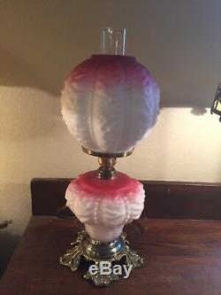 Antique Fenton Art Glass White Red Victorian Gone with the Wind Table Lamp