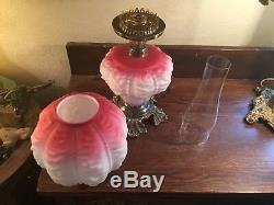 Antique Fenton Art Glass White Red Victorian Gone with the Wind Table Lamp