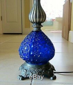Antique Fenton Blue Daisy & Button Glass Electric Parlor Lamp
