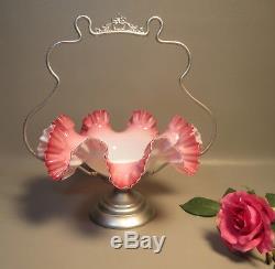 Antique Fenton Brides Wedding Basket Pink to White Opalescent Ruffled Glass