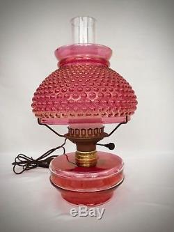 Antique Fenton Cranberry Red Satin Hobnail Iridescent Kerosene Lamp Electrified