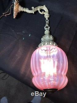 Antique Fenton Victorian Lantern Hanging Lamp Large 21 Pink Art Glass Shade