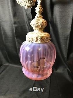 Antique Fenton Victorian Lantern Hanging Lamp Large 21 Pink Art Glass Shade
