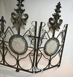 Antique Fireplace Screen Iron & Glass French Scroll Victorian Art Deco 3-Panel
