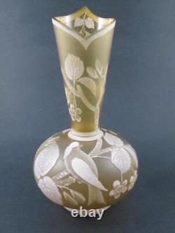 Antique Florentine CAMEO art glass VASE BIRD & CHERRY Blossoms CITRON Yellow