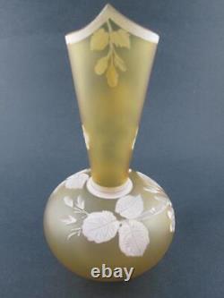 Antique Florentine CAMEO art glass VASE BIRD & CHERRY Blossoms CITRON Yellow