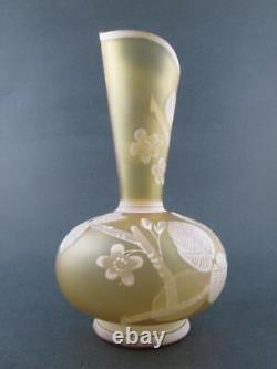 Antique Florentine CAMEO art glass VASE BIRD & CHERRY Blossoms CITRON Yellow