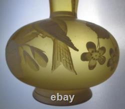 Antique Florentine CAMEO art glass VASE BIRD & CHERRY Blossoms CITRON Yellow