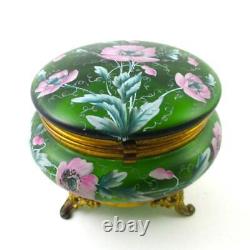 Antique Footed JEWELRY Box PINK POPPIES hp GREEN art glass Bohemian c. 1890's