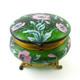 Antique Footed Jewelry Box Pink Poppies Hp Green Art Glass Bohemian C. 1890's