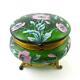 Antique Footed Jewelry Box Pink Poppies Hp Green Art Glass Bohemian C. 1890's