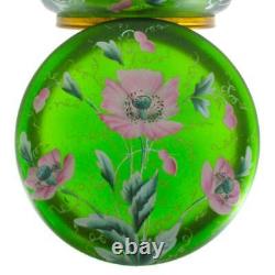 Antique Footed JEWELRY Box PINK POPPIES hp GREEN art glass Bohemian c. 1890's