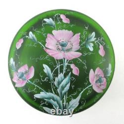 Antique Footed JEWELRY Box PINK POPPIES hp GREEN art glass Bohemian c. 1890's