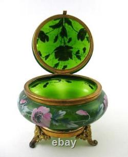 Antique Footed JEWELRY Box PINK POPPIES hp GREEN art glass Bohemian c. 1890's