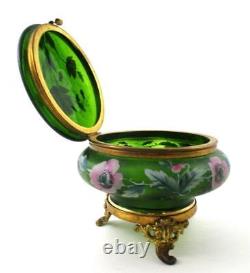 Antique Footed JEWELRY Box PINK POPPIES hp GREEN art glass Bohemian c. 1890's