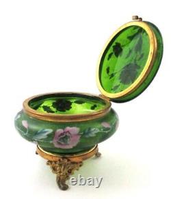 Antique Footed JEWELRY Box PINK POPPIES hp GREEN art glass Bohemian c. 1890's