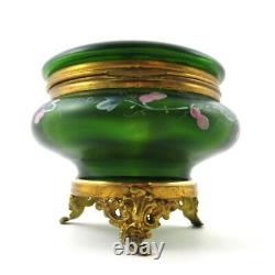 Antique Footed JEWELRY Box PINK POPPIES hp GREEN art glass Bohemian c. 1890's